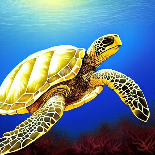 Prompt: tropical sea turtle ethereal swirling ocean abstract swimming towards the sunlit surface of the ocean rays of sunlight through the water hyper detailed