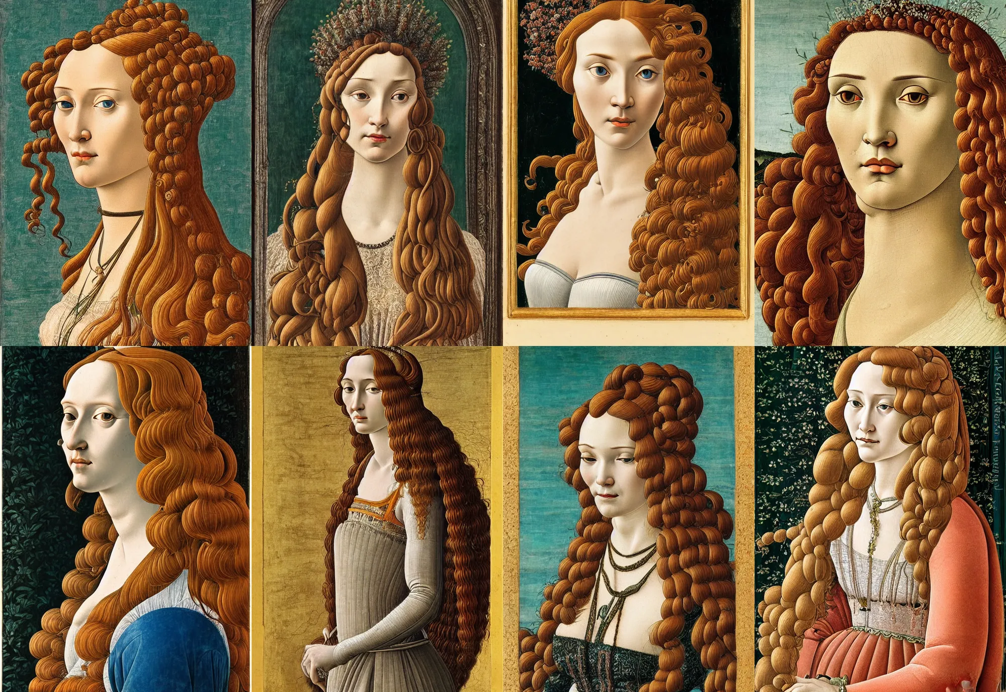 Prompt: highly detailed portrait of a woman with long hairs, botticelli, detailed and intricate environment