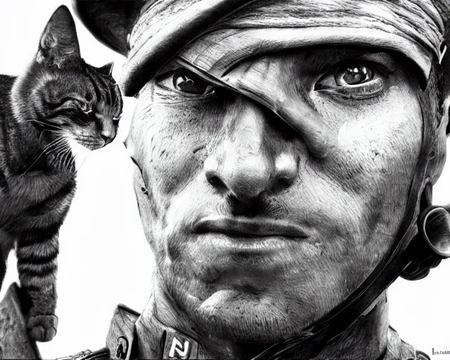 Prompt: A soldier with a hateful face aiming at a cat, long shot, world war 1, close-up, realistic face, beautiful face detail, mature facial features, black and white, amazing digital art, hyper detailed, artstation, in the style of Tony Sart