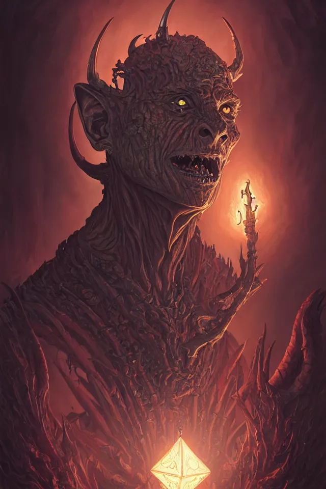 Image similar to portrait of a corrupted demonic fiend, looking at camera, d & d, savage monster, intricate, fantasy, extremely detailed, digital painting, artstation, concept art, smooth, sharp focus, illustration, ambient lighting, art by artgerm and greg rutkowski and alphonse mucha and simon stalenhag