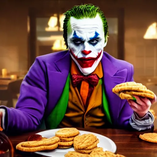 Image similar to cinematic shot of the joker sitting at a table with a plate of biscuits and chicken, 8 k, very detailed, very intricate,