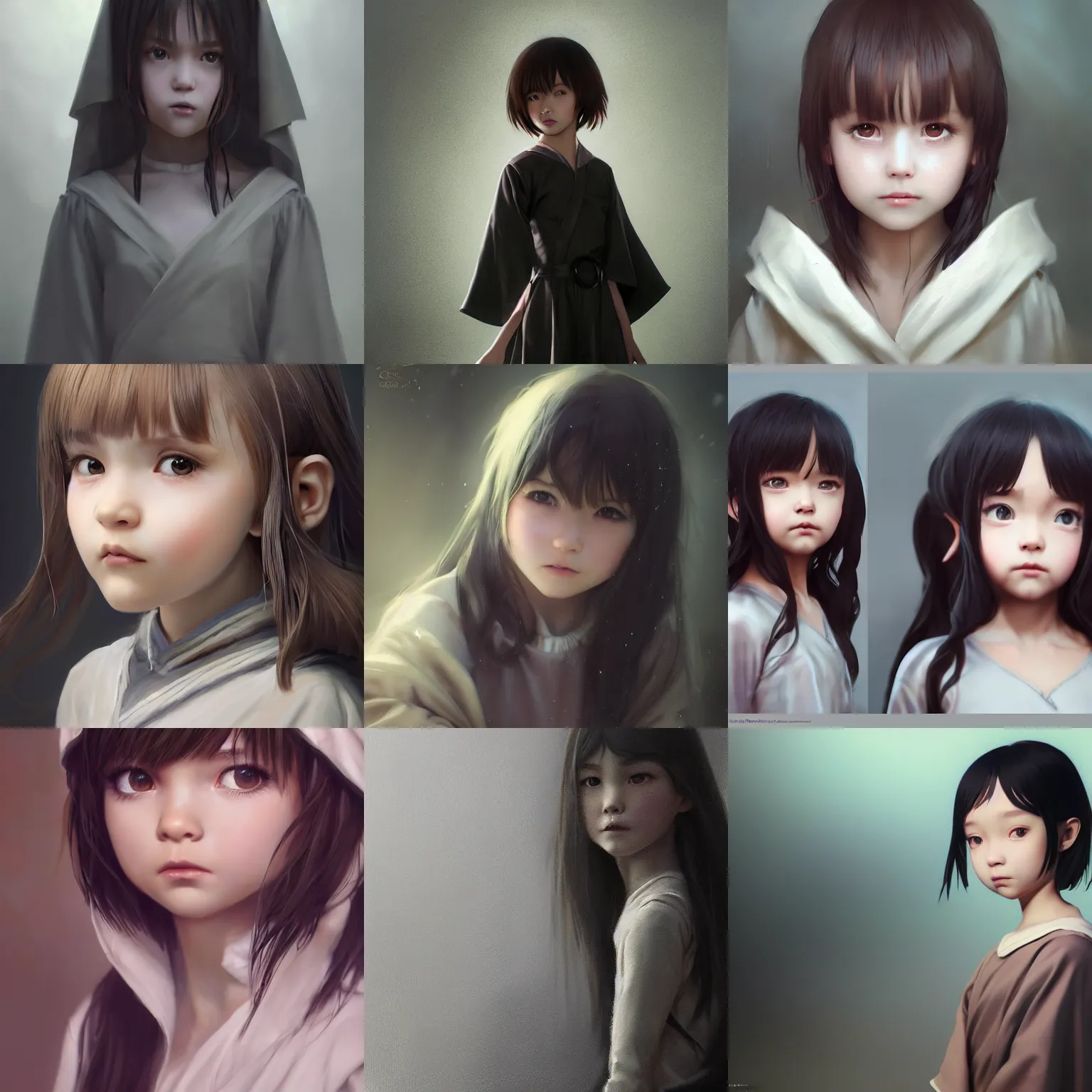 Image similar to realistic style at CGSociety by WLOP,ilya kuvshinov,krenz cushart,Greg Rutkowski,trending on artstation.Zbrush sculpt colored,Octane render in Maya,Houdini VFX.Realistic cute young girl who is dark disciple,expressing joy,wearing robe,silky hair, deep eyes.Oil painting.Cinematic dramatic atmosphere,sharp focus,soft volumetric studio lighting.