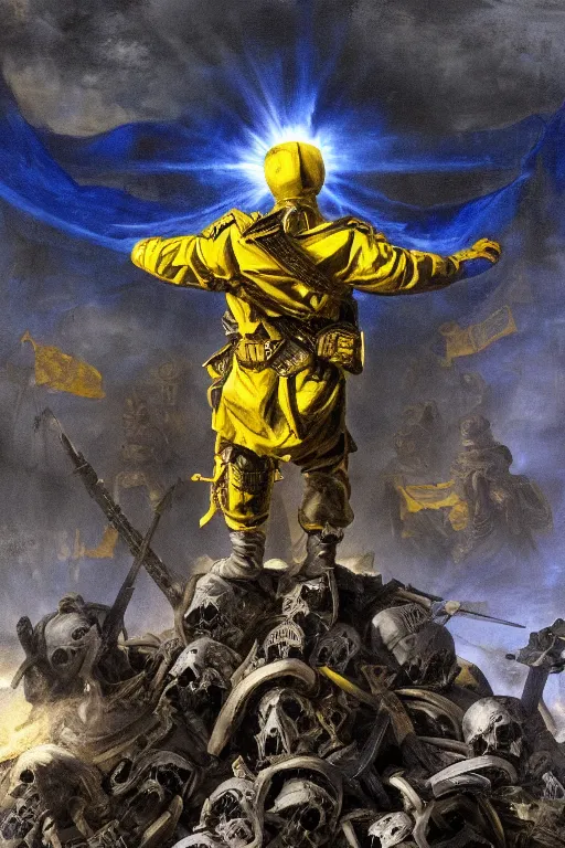 Prompt: A distant front view shot of a soldier with a blue and yellow armor with blue and yellow flag behind him that is standing on a huge pile of skulls in triumph after the battle, head is down, flag in his right hand, dark atmosphere, bright rays of light, light throuh the sky, intricate, volumetric lighting, volumetric lights, highly detailed, smooth, artstation, digital illustration by Ruan Jia and Mandy Jurgens and Artgerm and Wayne Barlowe and Greg Rutkowski and Frank Frazetta