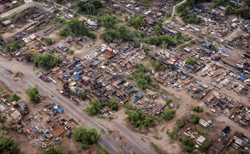 Prompt: industrialist mining town with old abandoned cars rotting away on overgrown streets, the nearby buildings are falling down and dust is in the air, soft glow of sunlight, small puddles of water in pot holes, very high detail image 4 k,