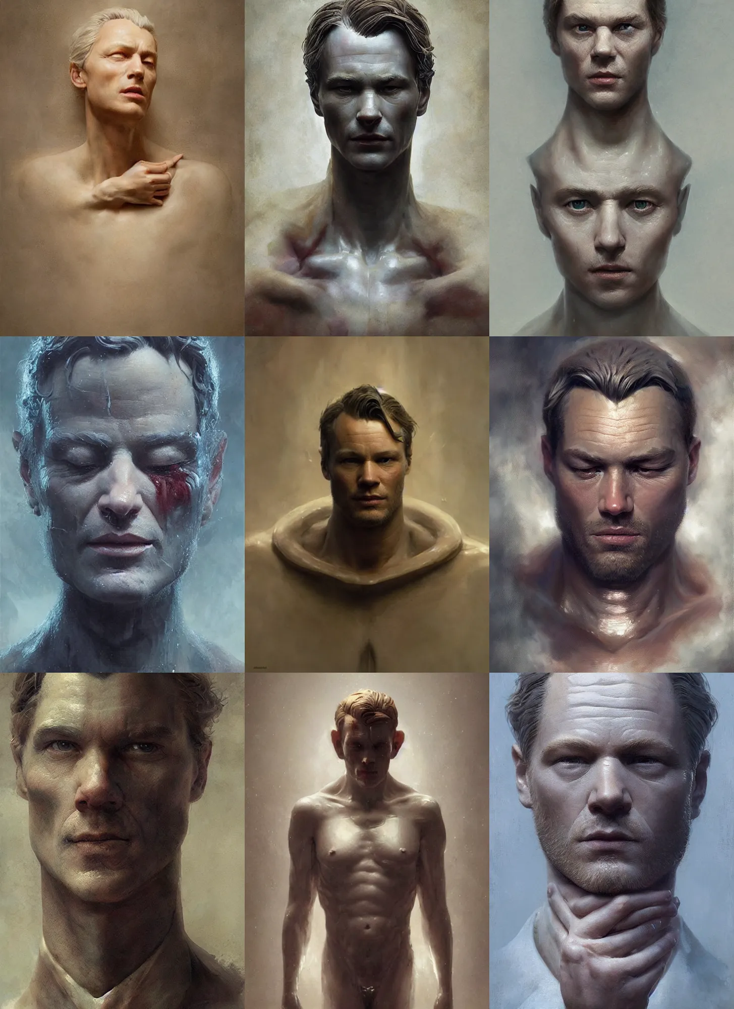 Prompt: beautiful portrait of man made of wax by greg rutkowski, josan gonzalez, rodin, michelangelo, cinematography by christopher nolan, imaginative, creative, emotion : madness