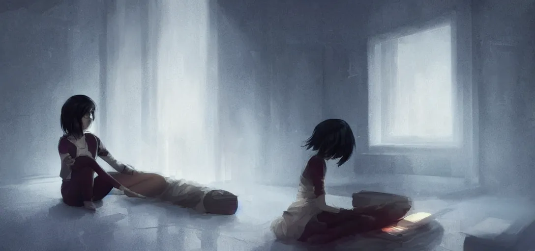 Image similar to Young Himalayan woman sitting concerned in an empty room, night time scene, somber white eyes, long ashy hair, gentle lighting, futuristic, dim lighting, digital art by Makoto Shinkai ilya kuvshinov and Wojtek Fus, digital art, concept art,