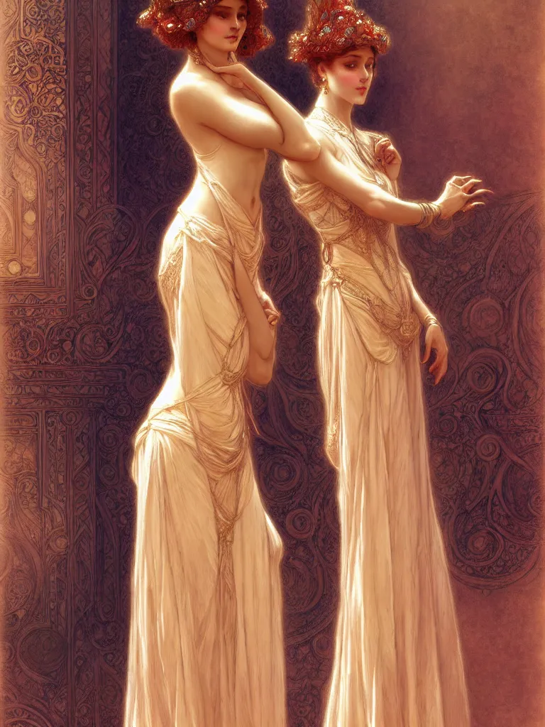 Image similar to a woman modestly dressed, tall, feminine, intricate, elegant, highly detailed, digital painting, artstation, smooth, symmetrical, sharp focus, illustration, art by gaston bussiere and alphone mucha