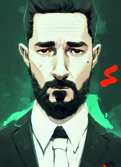 Image similar to highly detailed closeup portrait of very serious staring shia lebouf, in a suit by atey ghailan, by greg rutkowski, by greg tocchini, by james gilleard, by joe fenton, by kaethe butcher, gradient green, black and white color scheme, grunge aesthetic!!! ( ( graffiti tag wall background ) )