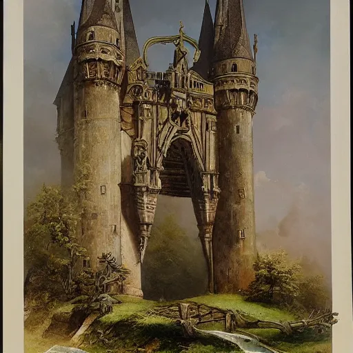 Prompt: Jean-Baptiste Monge and Alex Ross a artwork of a gothic revival castle gatehouse