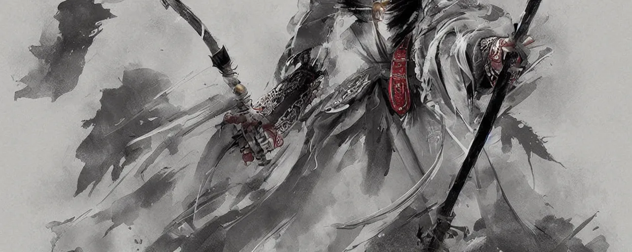 Prompt: a !beautiful White cloaked Samurai Warrior with Sword Drawn by Mitsuru Adachi :: Concept Art, Digital Art
