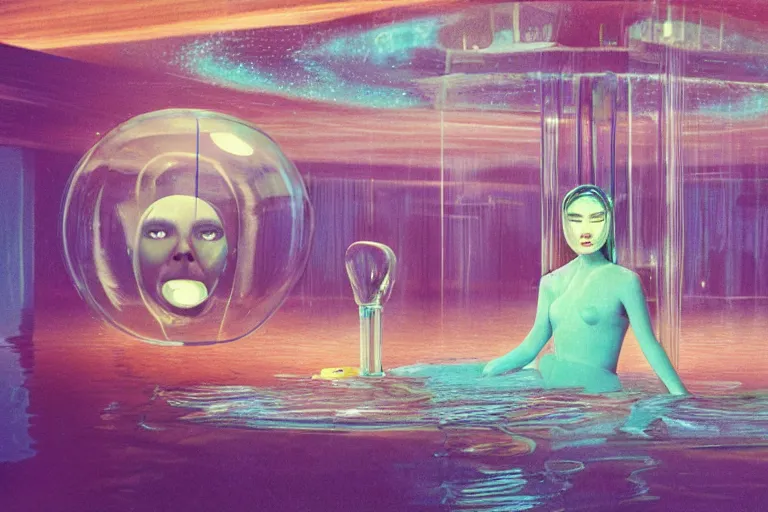 Image similar to high-angle view of a Inuit lush female jellyfish human hybrids wearing vacuum tube amp discowear with transparent digital number readout floating in front of face, sitting inside of a flooded 1970s luxury bungalow cabin with infinity mirror table, submersible vessel seamlessly clipping through wall, suspended soviet computer console on ceiling, ektachrome color photograph, volumetric lighting, off-camera flash, 24mm f8 aperture