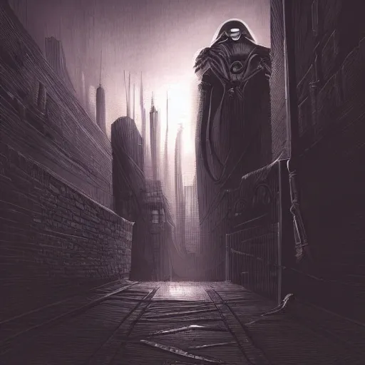 Prompt: futuristic evil city at dusk. figure is obscured by darkness with two bright, shining eyes peering out from the shadows of an alley. cgartist