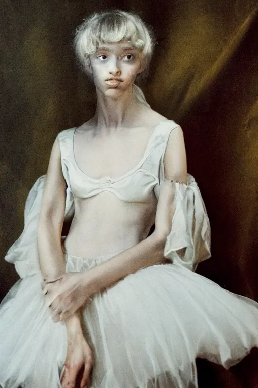 Image similar to hyperrealism fashion portrait girl in a ballet dress sits on a silk cloth by Roversi photo from The Holy Mountain by Alejandro Jodorowsky in style of Francisco Goya