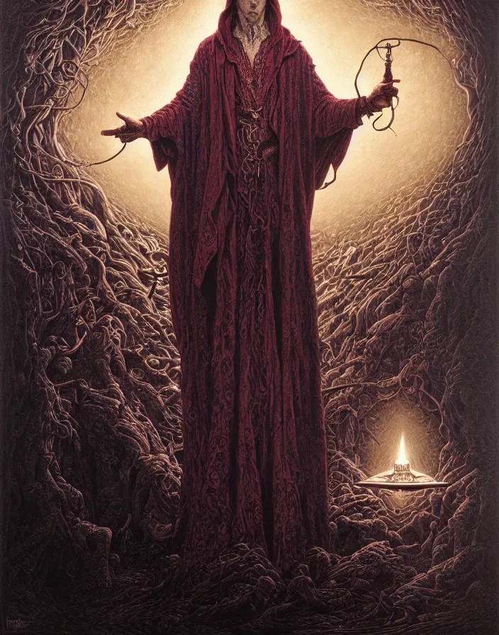 Image similar to highly detailed portrait of a dark mage casting a spell by alex grey, patrick woodroffe, mark ryden created by gustave dore and greg rutkowski, high detailed, smooth draw, synthwave neon retro, intricate, realistic proportions, dramatic lighting, trending on artstation