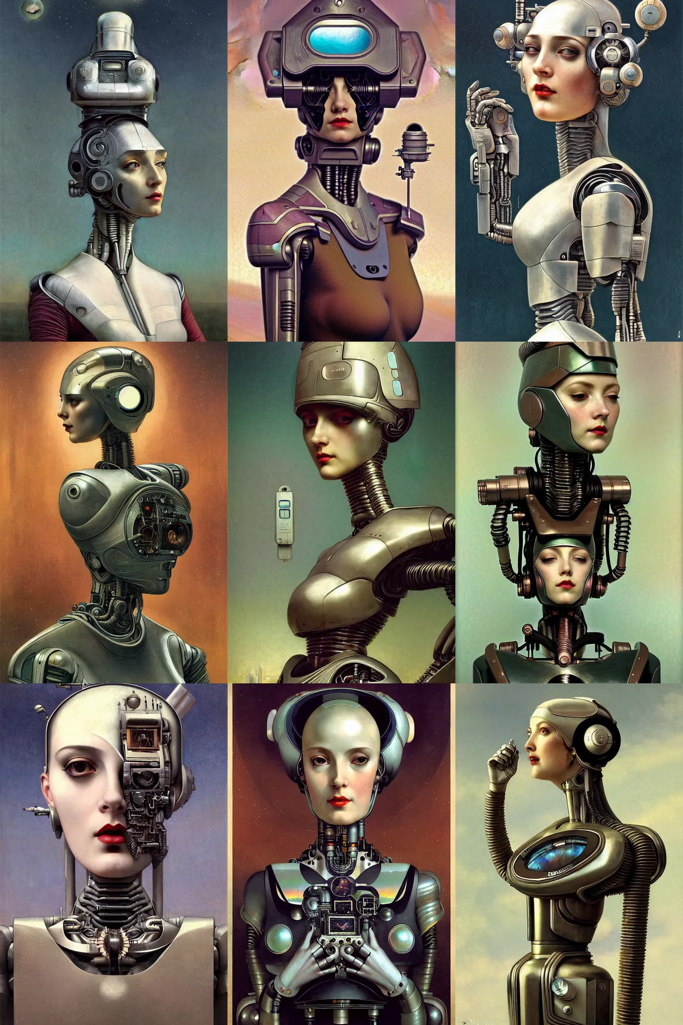 Prompt: full - bodied and portrait futurist cyborg empress, perfect future, award winning art by santiago caruso, iridescent color palette, symmetric face, by wlop and karol bak and bouguereau and viktoria gavrilenko, 1 9 5 0 s retro future robot android maid. muted colors