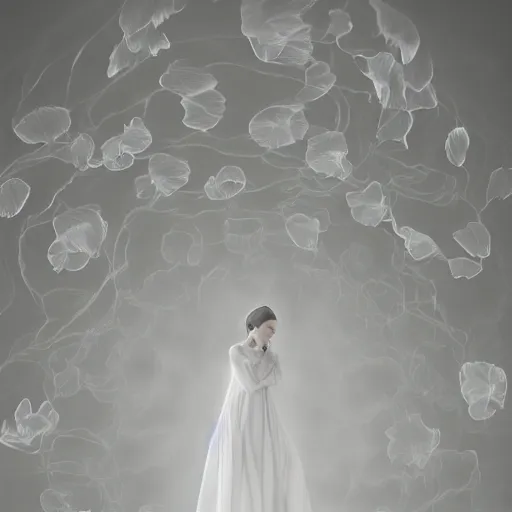 Prompt: a floating figure, symmetrical, floating silk, cloth, fabric, delicate petals, religious iconography, a white misty empty room, peonies petal floating ghostly figure, celestial, fabric, delicate, soft ambient light, hyperrealistic, unreal engine, artstation, 8 k