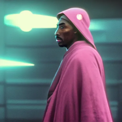 Prompt: Rapper Tupac Shakur wearing jedi robes playing Mace Windu in the 1990s, ultra realistic, HD, 4K photograph