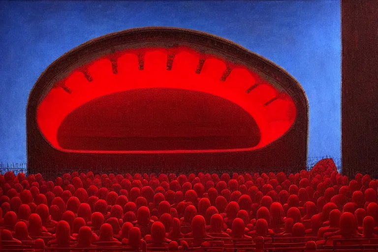 Image similar to only with red, a red melted emperor in an authoritarian position, taormina amphitheatre, crowd hails him, in the style of beksinski, parts by edward hopper, parts by rodcenko, parts by yue minjun, intricate and epic composition, red by caravaggio, insanely quality, highly detailed, masterpiece, red light, artstation, 4 k