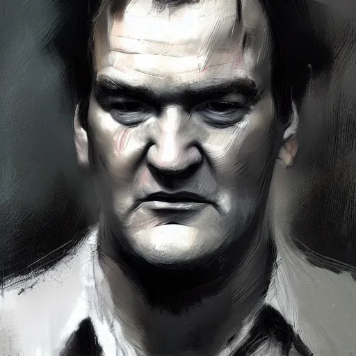 Image similar to A realistic hyperdetailed wide-shot digital oil portrait painting of an quentin tarantino in the style of Guy Denning, Ruan Jia, and Craig Mullins. Trending on ArtStation, DeviantArt, and Instagram. CGSociety Digital art. quentin tarantino.