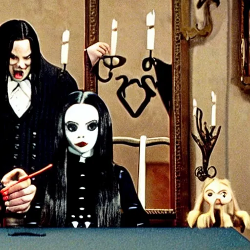 Image similar to scene from the movie the Addams Family, starring The Weeknd as Wednesday Addams