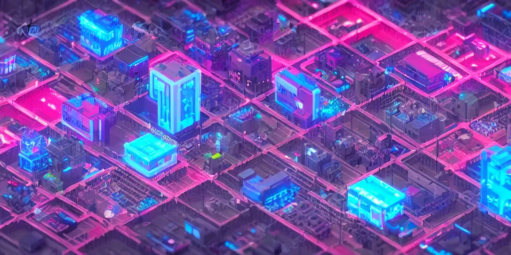 Image similar to isometric voxel art cyberpunk future city at night pink and blue c4d