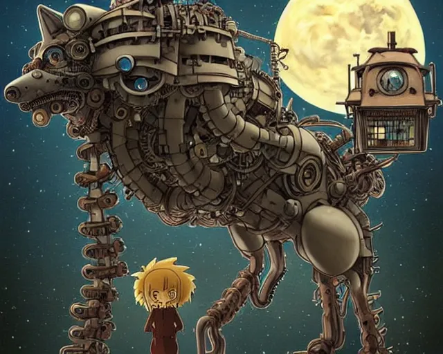 Image similar to a mechanical blueprint of a lovecraftian mechanized wolf from howl's moving castle ( 2 0 0 4 ), with a big head, in a war - torn desert village, wide shot, in front of a big moon, muted colors, post grunge, studio ghibli, hq, art by artgem