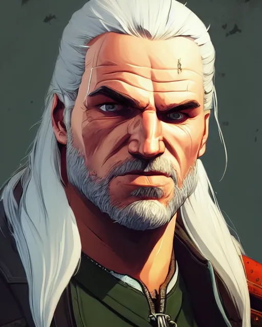 Image similar to portrait of geralt the witcher, gta san andreas cover art, borderlands style, celshading, trending on artstation, by rhads, andreas rocha, rossdraws, makoto shinkai, laurie greasley, lois van baarle, ilya kuvshinov and greg rutkowski