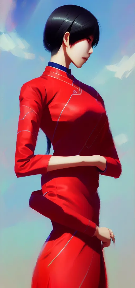 Image similar to a ultradetailed beautiful panting of a asian female wearing red ao dai and futuristic eye google, by ilya kuvshinov, greg rutkowski and makoto shinkai, trending on artstation