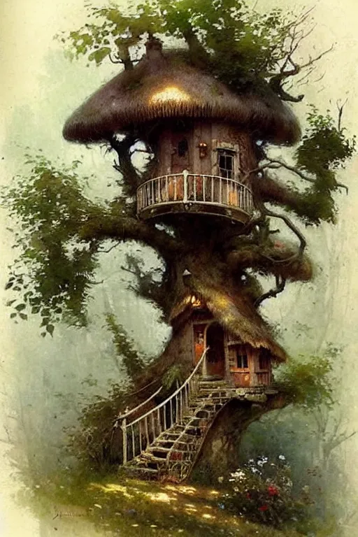 Image similar to (((((1950s fairy tale cottage tree house . muted colors.))))) by Jean-Baptiste Monge !!!!!!!!!!!!!!!!!!!!!!!!!!!