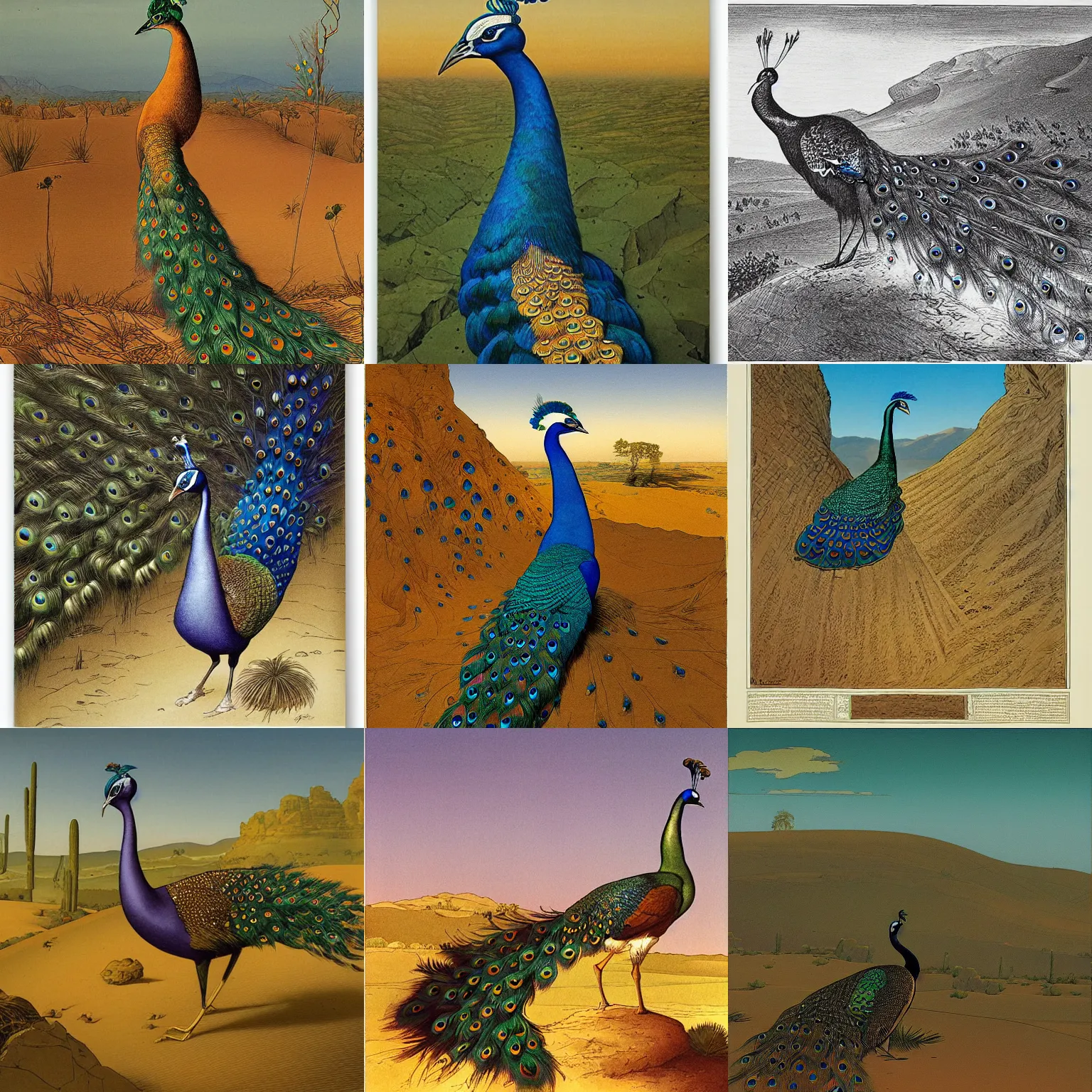 Prompt: peacock in the desert, illustration, highly detailed, by moebius, georges de la tour