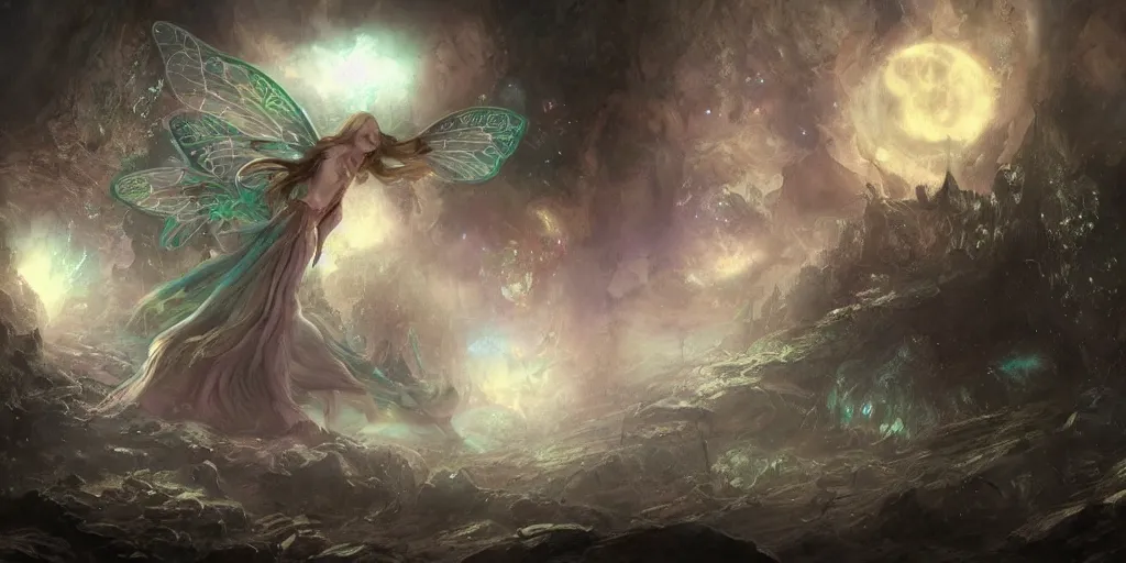 Image similar to concept art of translucent glowing fairies, lovecraftian, renaissance, melting, round moon, rich clouds, fighting the horrors of the unknown, very detailed, volumetric light, mist, fine art, decaying, textured oil over canvas, epic fantasy art, very colorful, ornate scales