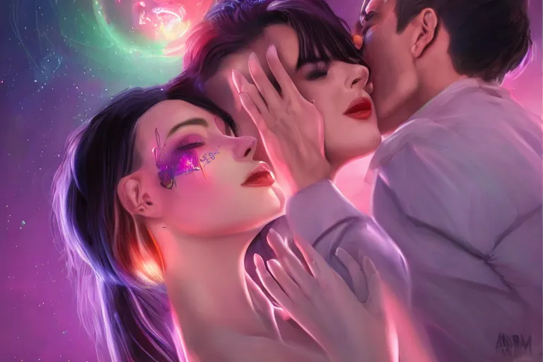 Image similar to an alien woman kisses a man by artgerm, sci - fi, color vibe, reimagined by industrial light and magic