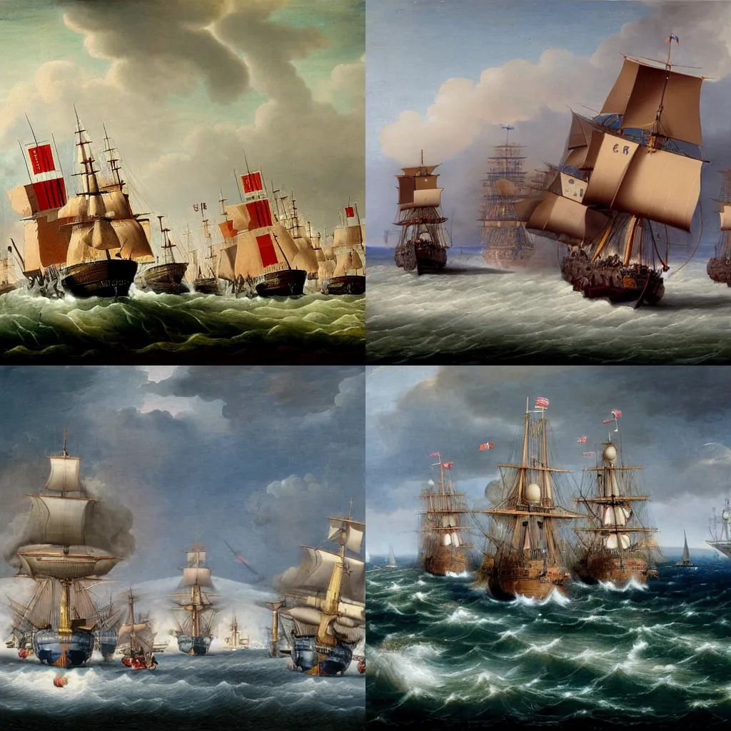 Prompt: epic painting of british ships of the line firing a broadside