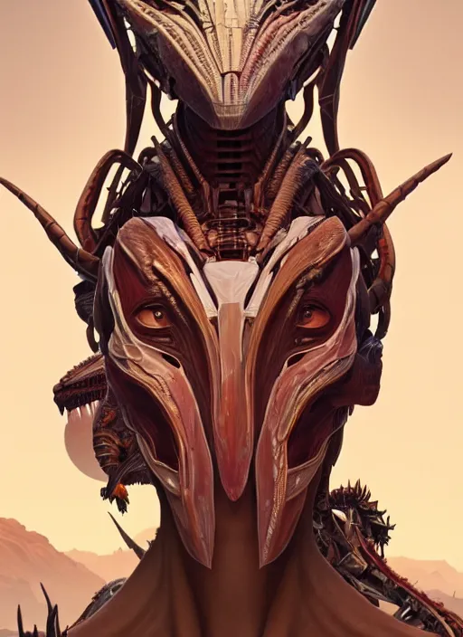 Image similar to asymmetrical!! portrait of an alien with parts of other aliens forming its face in the style of, machine face, intricate, elegant, highly detailed, digital painting, artstation, concept art, smooth, sharp focus, illustration, art by artgerm and greg rutkowski and alphonse mucha, horizon zero dawn 8 k