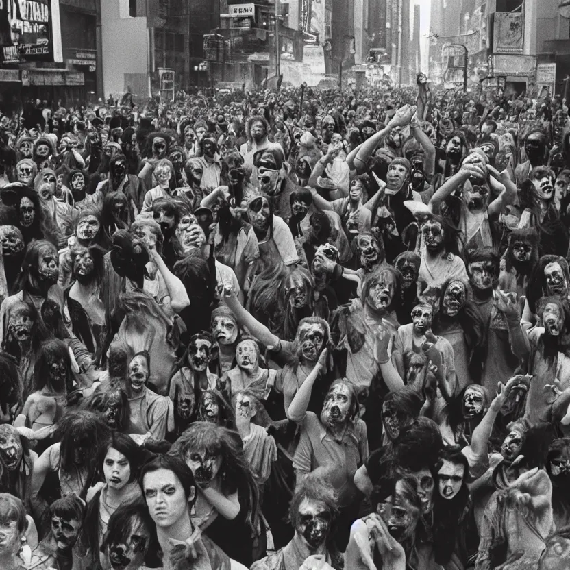 Prompt: horde of radioactive zombies staggering in new york city street, 1970s, 35mm film look, Kodak Portra 400, 8k