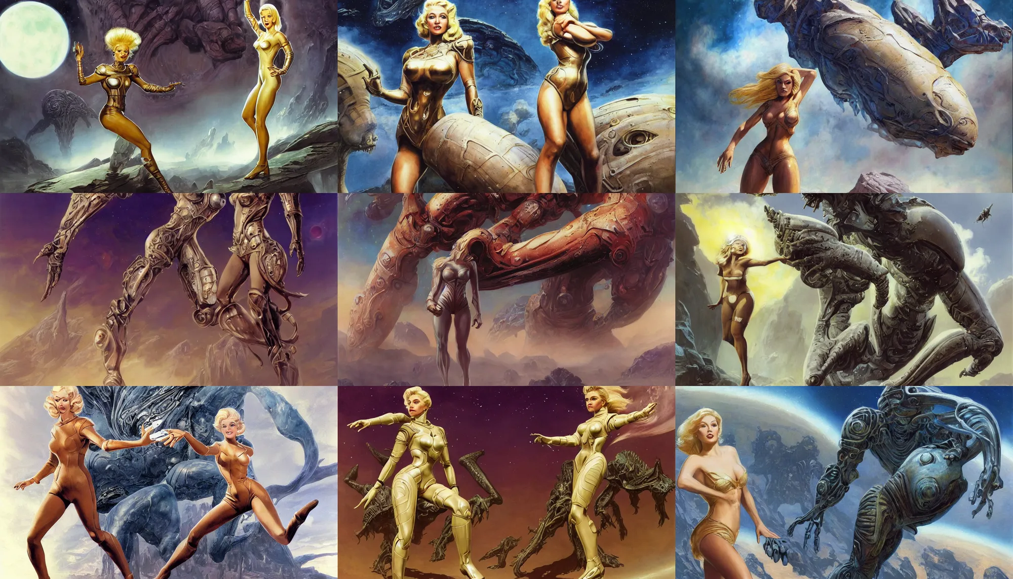 Prompt: a mixed media painting of one very beautiful blonde woman fleeing from a distant colossus creature on an alien world, elegant, aesthetic!!! symmetrical face and eyes, sixties pinup, photorealistic, curvy by frank frazetta, donato giancola, boris vallejo, greg rutkowski, christian macnevin, leather scifi armor, epic sci - fi character art