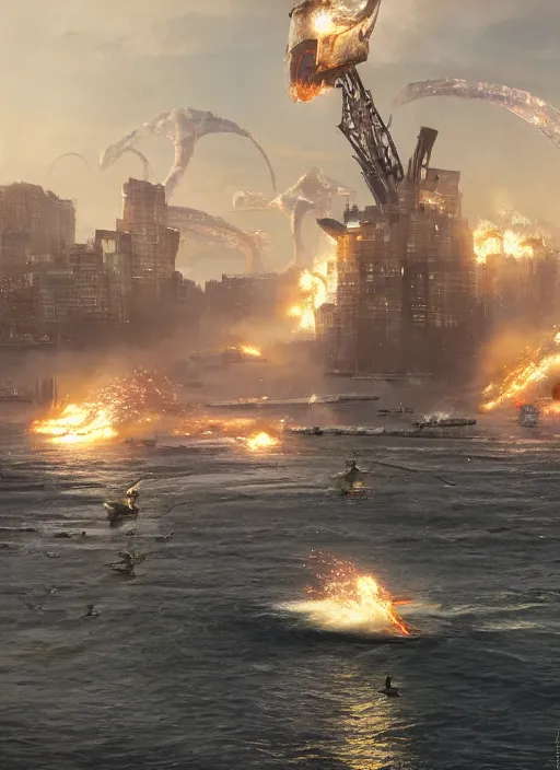 Prompt: hyper realistic squid robot attacking cape town city harbor explosions beautiful details, strong composition painted by kim jung giu weta studio rutkowski, james gurney and greg rutkowski, and lucasfilm