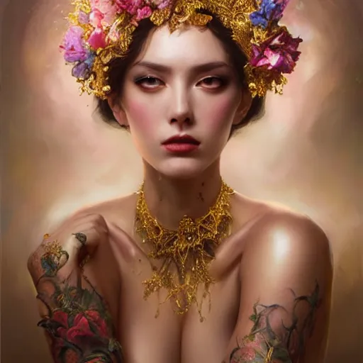 Prompt: expressive oil painting, of alluring european princess, seductive look, smirking, smooth glowing skin, glistening body, love, adoration, sweat, tattoos, ornate headpiece made from flowers, glamour shot, by yoshitaka amano, by greg rutkowski, by jeremyg lipkinng, by artgerm, digital art, octane render, heavenly aesthetic