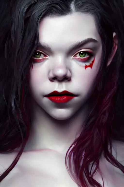 Image similar to anya taylor - joy vampire queen, hyper detailed, digital art, trending in artstation, cinematic lighting, studio quality, smooth render, artgerm, joshua middleton, rafael albuquerque, unreal engine 5 rendered, octane rendered, art style by klimt and nixeu and ian sprigger and wlop and krenz cushart