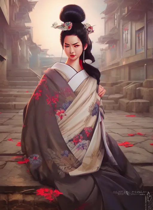 Image similar to hyper realistic geisha, by artgerm, background by greg rutkowski