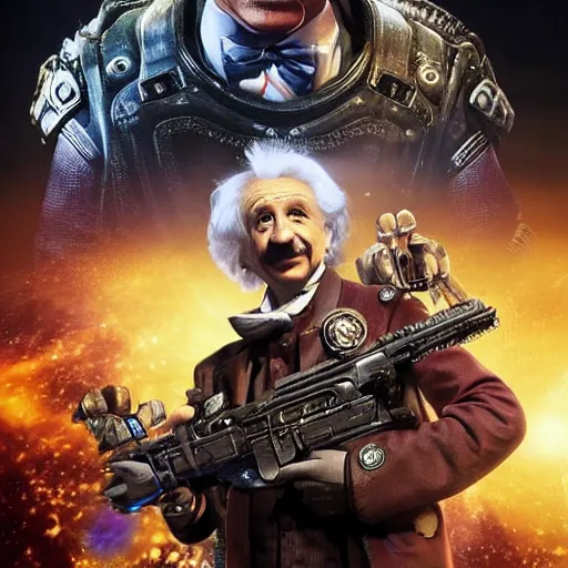 Image similar to albert einstein as willy wonka in gears of war, splash art, movie still, detailed face, photorealistic facial features, cinematic lighting, dramatic, octane render, long lens, shallow depth of field, bokeh, anamorphic lens flare, 8 k, hyper detailed, 3 5 mm film grain