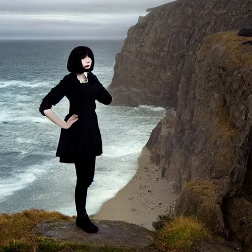 Prompt: 1 7 - year - old pale - skinned persian girl with black long bob cut, long bangs, black gothic jacket, black jeans, psychic girl, standing on cliff along the irish coast, overcast gray skies, ultra - realistic, sharp details, cold lighting, intricate details, art by william - adolphe bouguereau