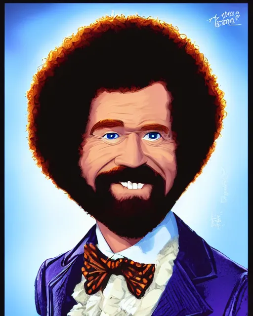 Image similar to Bob Ross as Willy Wonka, digital illustration portrait design, detailed, gorgeous lighting, dynamic portrait