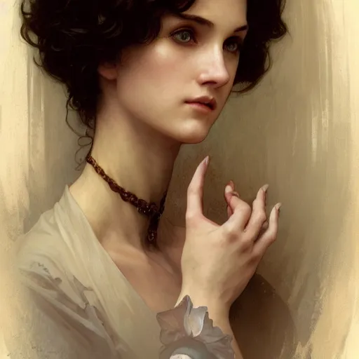 Image similar to portrait of a female necromancer, intricate, elegant, highly detailed, digital painting, artstation, concept art, smooth, sharp focus, illustration, art by artgerm and greg rutkowski and alphonse mucha and william - adolphe bouguereau