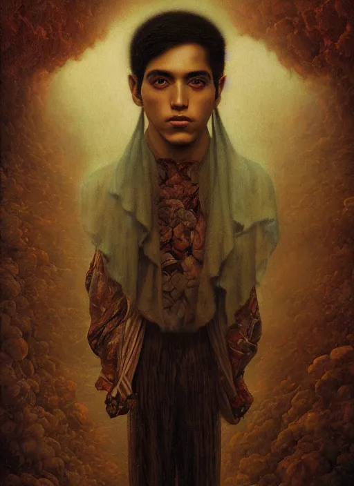 Image similar to portrait of a magical mexican boy in zacatecas mexico by agostino arrivabene and tom bagshaw and manuel sanjulian