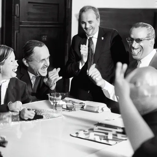 Prompt: black and white photo of world leaders around a table pointing and laughing at a holographic virus