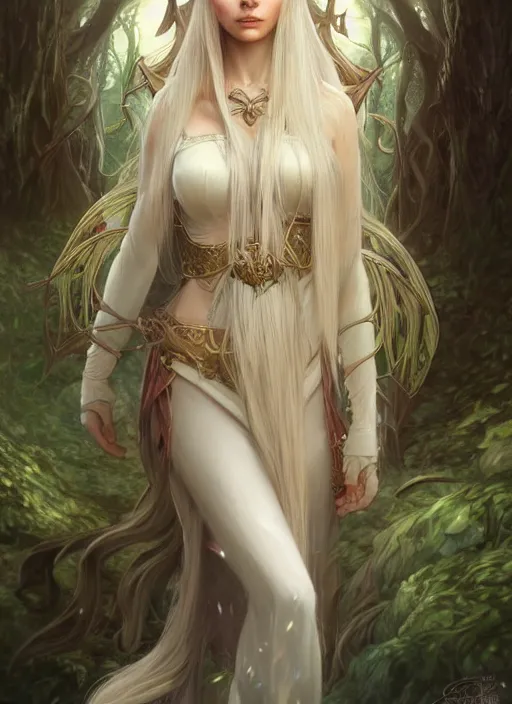 Prompt: portrait of a fantasy elf female sorceress queen with long white hair flowing wind in an ancient forest filled with magic, highly detailed, digital painting, artstation, smooth, sharp focus, detailed face, illustration, art by artgerm and greg rutkowski and alphonse mucha