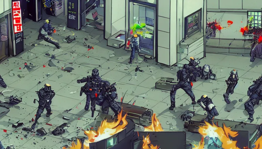 Prompt: 1994 Video Game Screenshot, Anime Neo-tokyo Cyborg bank robbers vs police, Set inside of the Bank Lobby, Multiplayer set-piece in bank lobby, Tactical Squad :9, Police officers under heavy fire, Police Calling for back up, Bullet Holes and Realistic Blood Splatter, :6 Gas Grenades, Riot Shields, Large Caliber Sniper Fire, Chaos, Anime Cyberpunk, Ghost in The shell Bullet VFX, Machine Gun Fire, Violent Gun Action, Shootout, :7 Inspired by Escape From Tarkov + Intruder + Akira :9 by Katsuhiro Otomo: 19