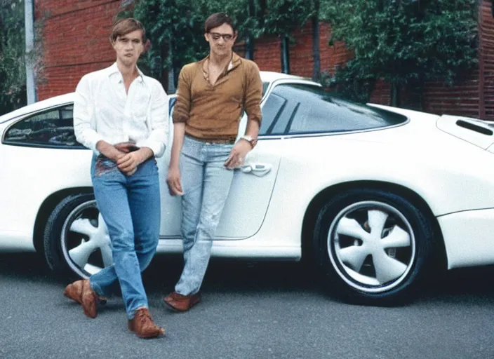 Image similar to color photo of a cool handsome photomodel with arms crossed leaning against a white porsche 9 1 1 in the 8 0's. girl beside him