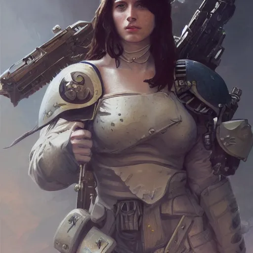Prompt: A pale young french woman as an warhammer 40k marine, very detailed face, gorgeous, beautiful, intricate, highly detailed, digital painting, artstation, concept art, sharp focus, illustration, art by greg rutkowski and alphonse mucha